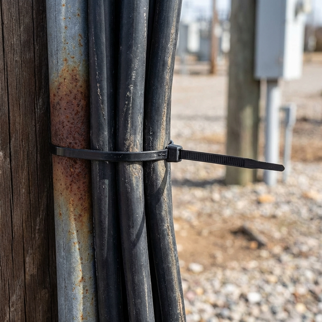 Bridas de nylon pa12 negras para sujetar cables u otros elementos en el exterior.