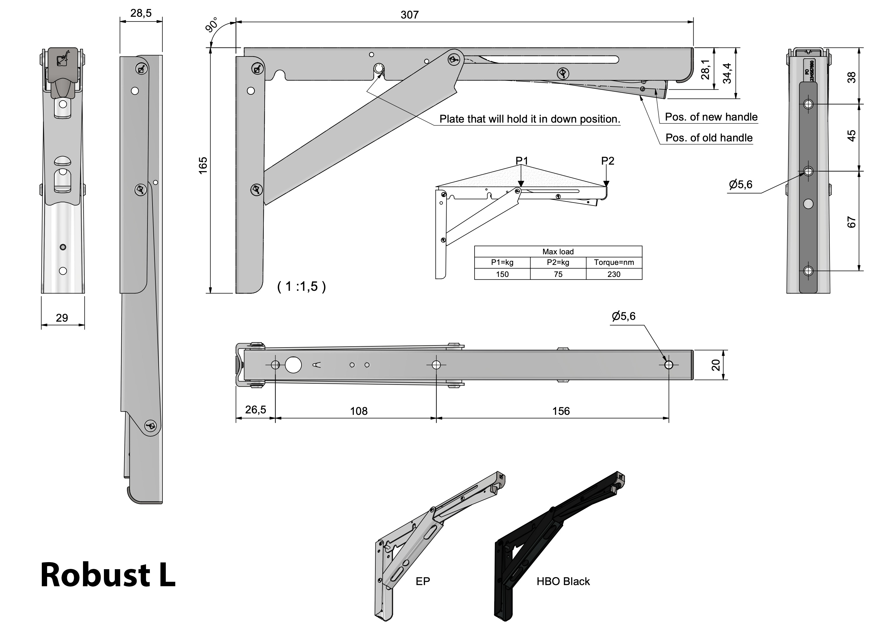 Escuadras Abatibles de Acero Inoxidable L plano