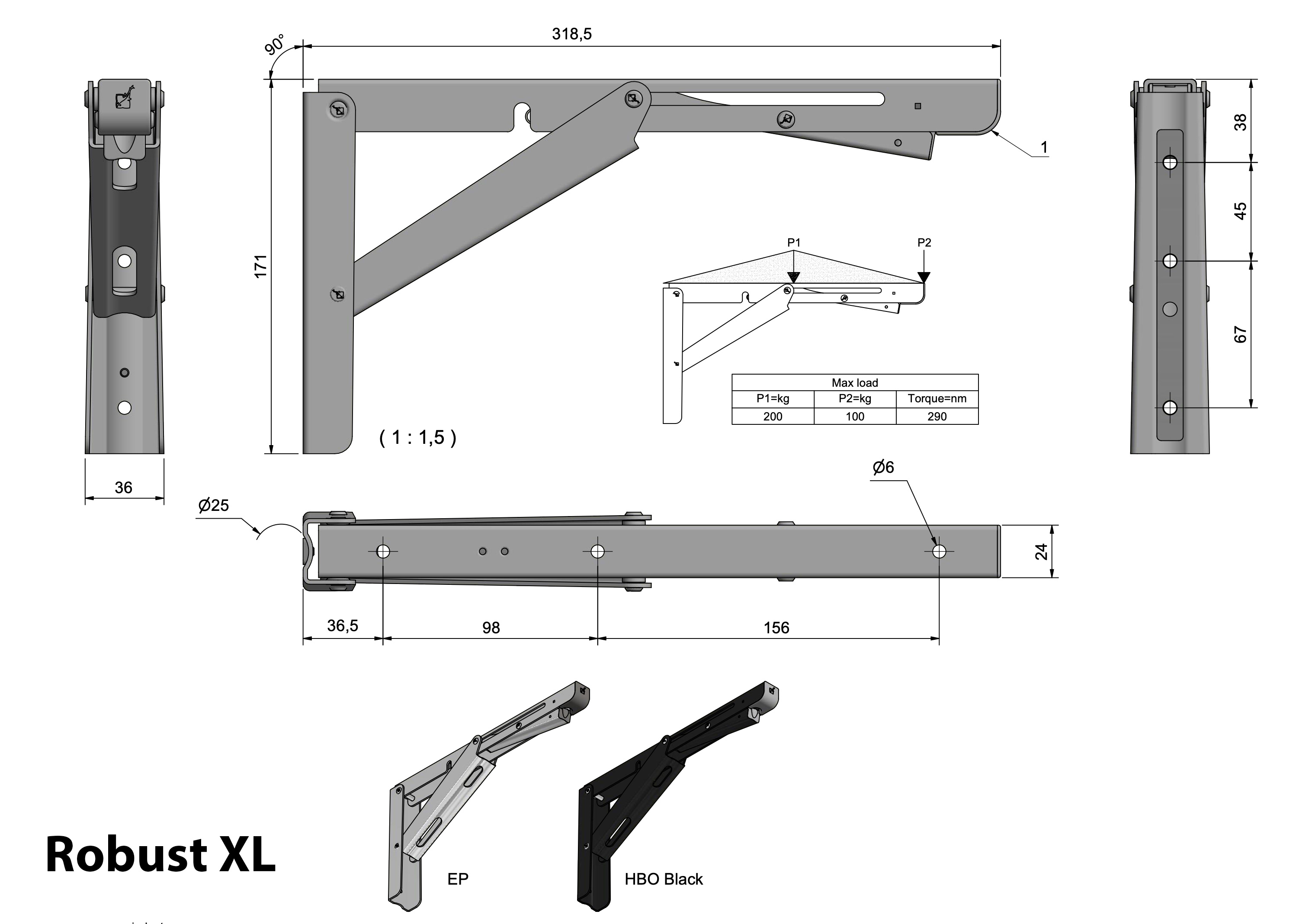 Escuadras Abatibles de Acero Inoxidable XL plano